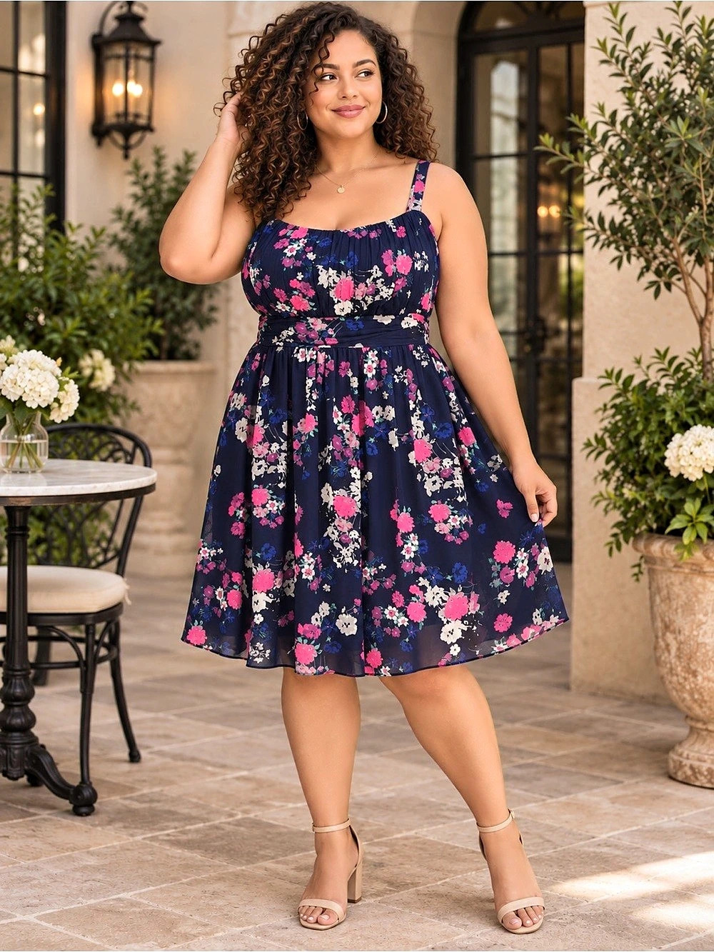 Torrid Size 2 18/20 Navy Floral Chiffon Knee Length Dress Smocked Back